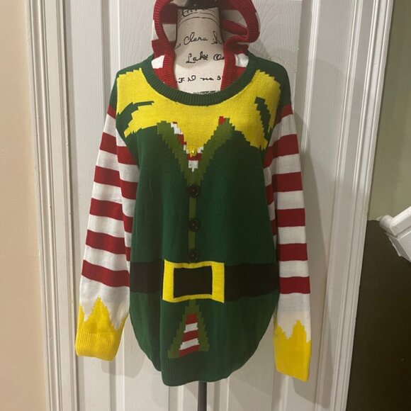 Holidays Christmas ELF KNITTED HOODED SWEATER FESTIVITY FUNNY SIZE XXLARGE - Picture 12 of 16